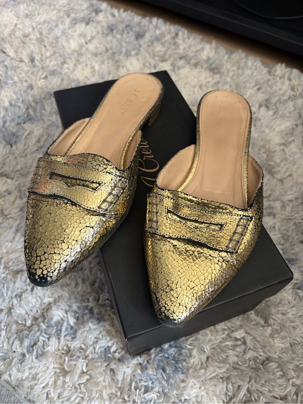 J. Crew Gold Metallic Pointed-Toe Mule Loafers